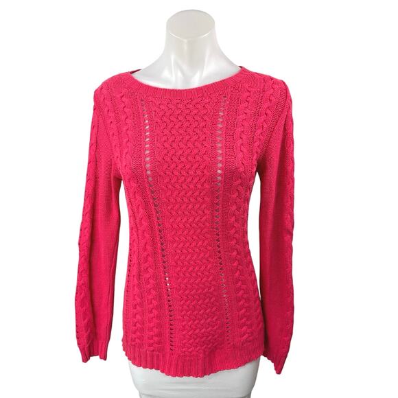 Stradivarius Pink Cable Knit Crochet Long Sleeve Crew Neck Sweater Top Size S - Picture 1 of 3